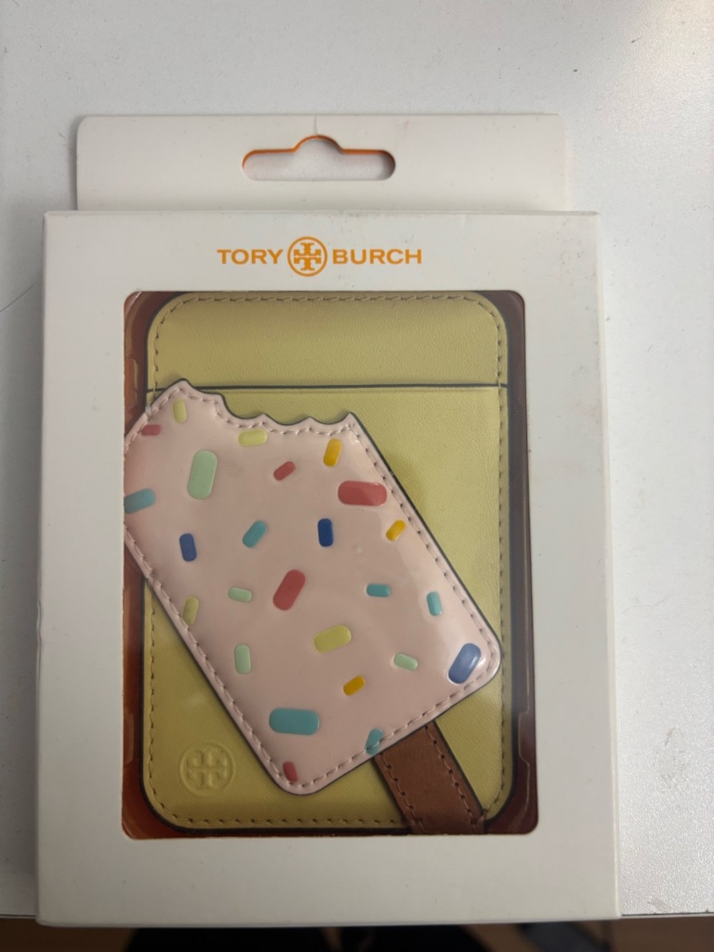 Tory Burch Lemon Yellow Leather Card Holder with Pink Sprinkles Popsicle Charm
